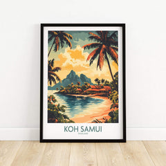 Koh Samui Travel Poster featuring vivid colors and tropical scenery of Thailand's beautiful beaches.