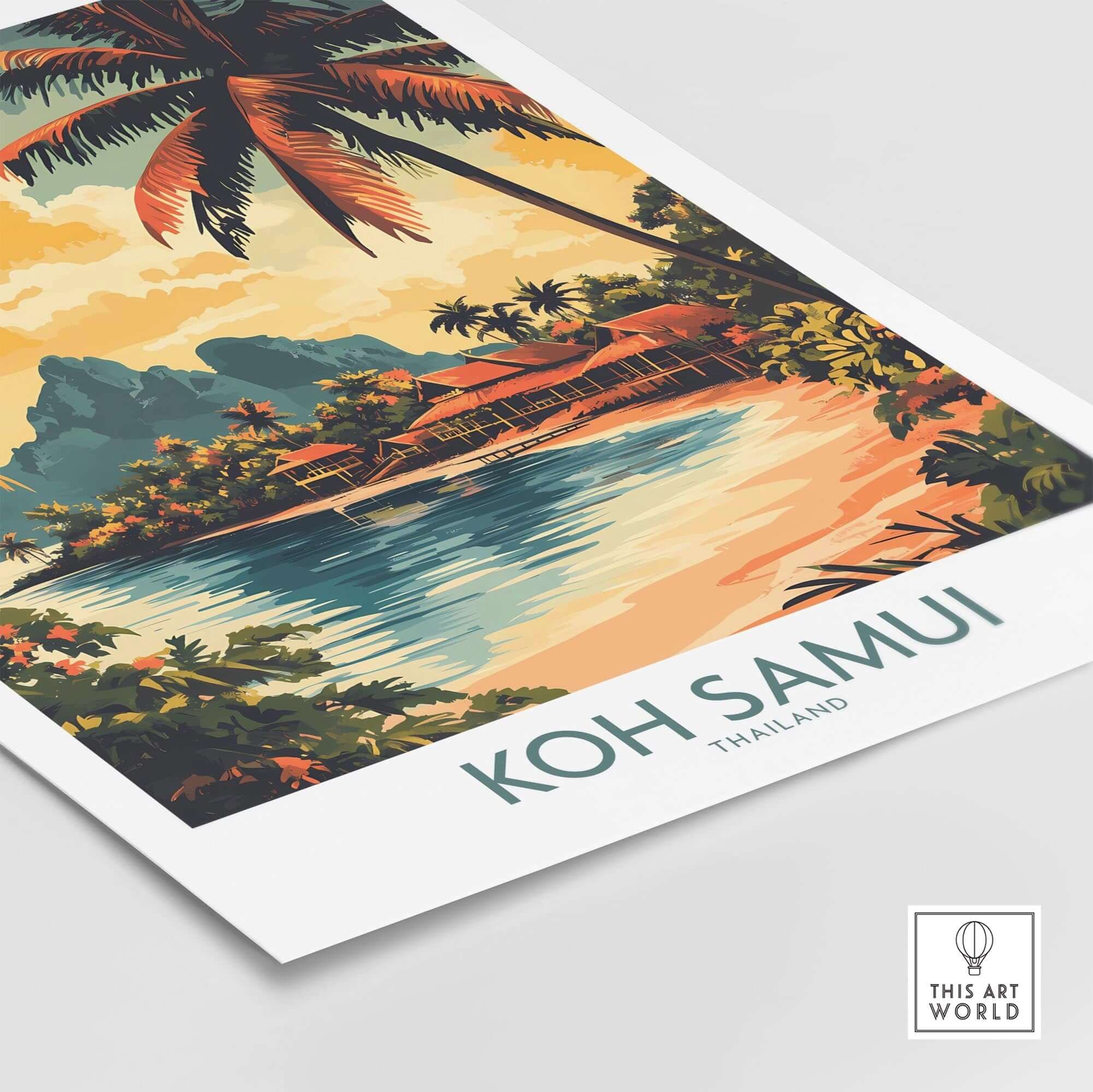 Koh Samui Travel Poster showcasing vibrant beach scenery and palm trees, perfect Thailand wall art for tropical vibes.