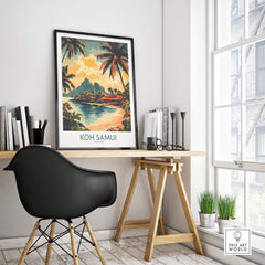 Koh Samui Travel Poster showcasing vibrant tropical scenery and palm trees, perfect for decorating any space.