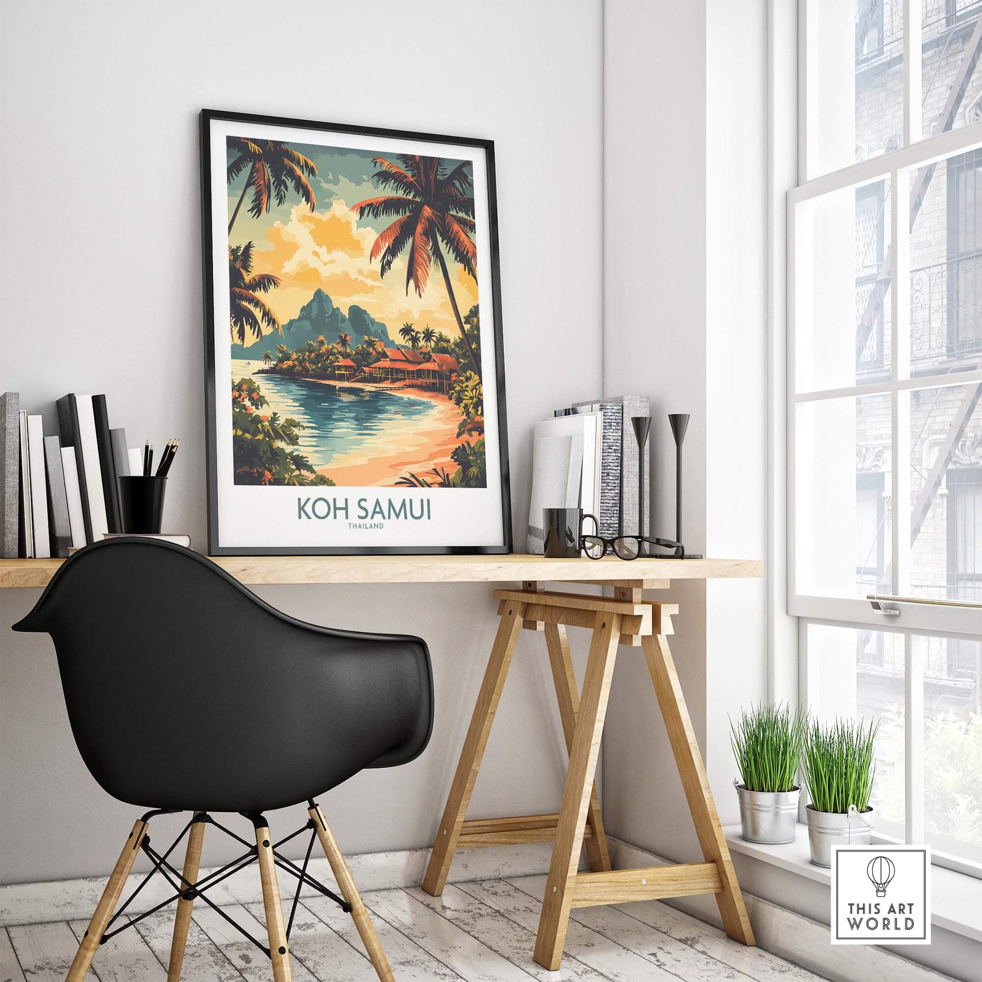 Koh Samui Travel Poster showcasing vibrant tropical scenery and palm trees, perfect for decorating any space.