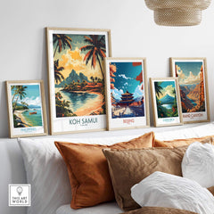 Koh Samui Travel Poster displayed among other travel posters on a beautifully decorated wall, showcasing tropical landscapes.