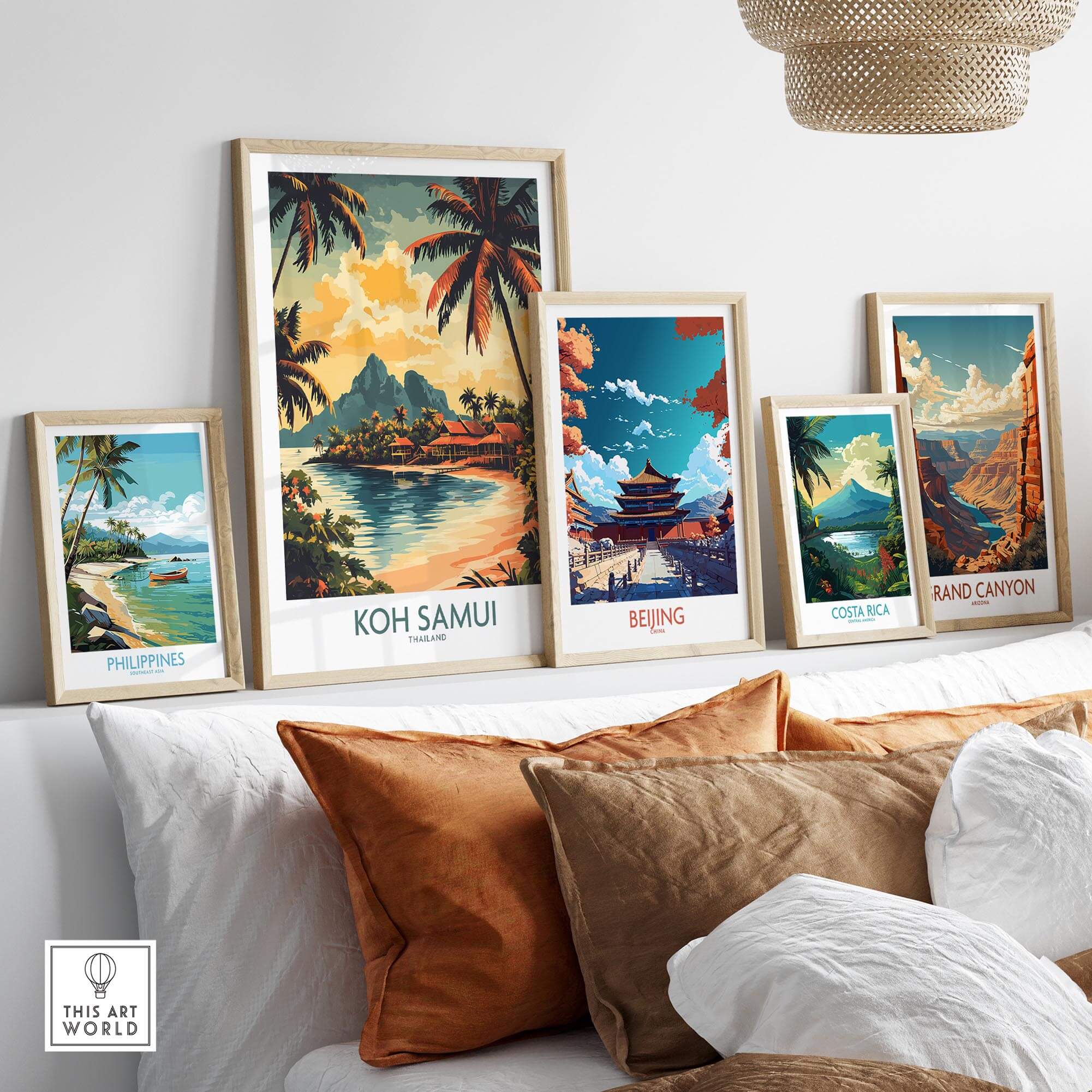 Koh Samui Travel Poster displayed among other travel posters on a beautifully decorated wall, showcasing tropical landscapes.