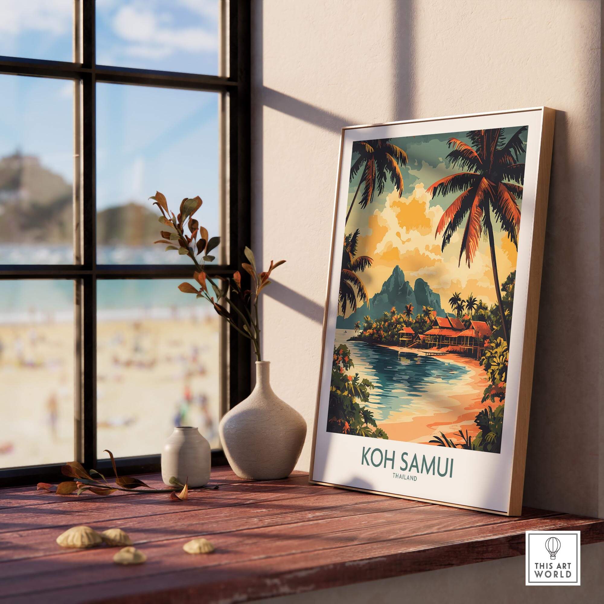 Koh Samui Travel Poster showcasing a tropical landscape with palm trees and a serene beach view.