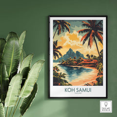 Koh Samui Travel Poster showcasing tropical landscape with palm trees and sunset, perfect for Thailand wall art.