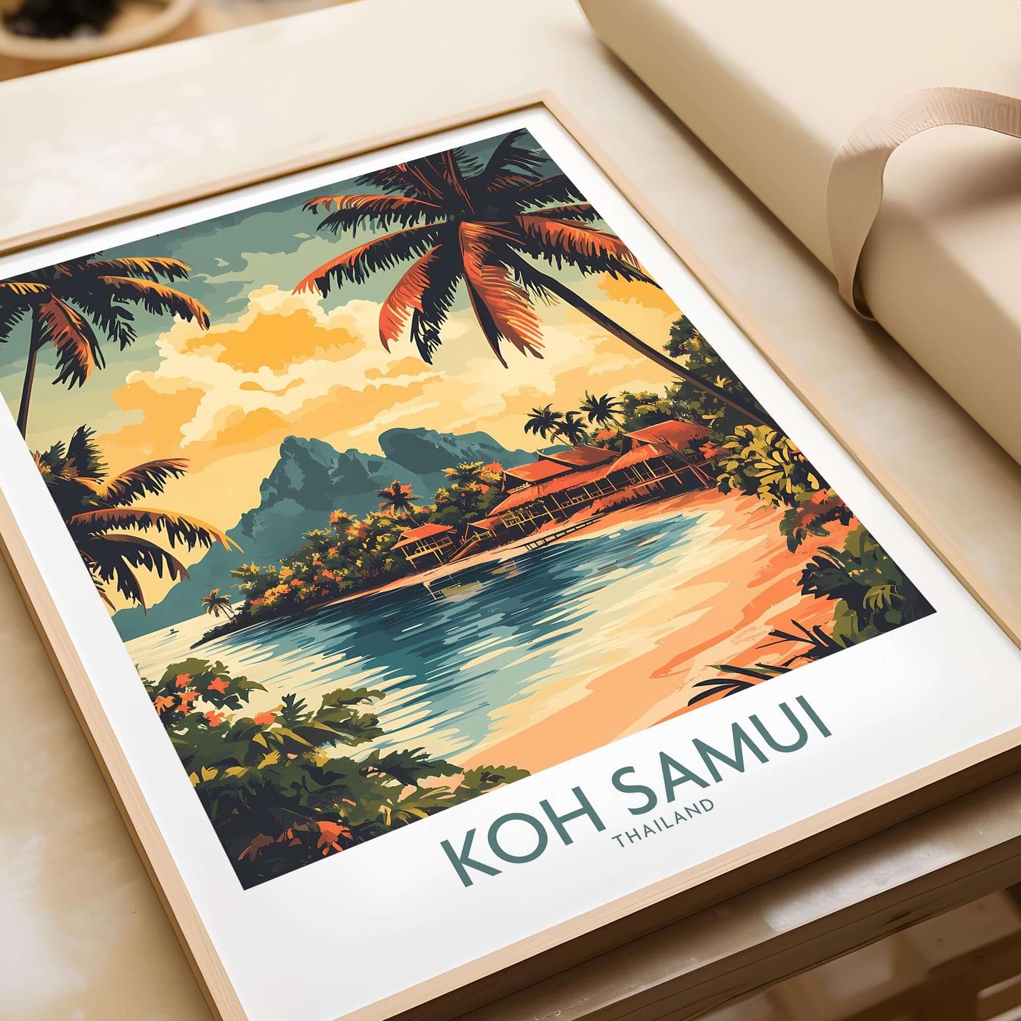Koh Samui Travel Poster featuring vibrant tropical scenery, palm trees, and serene waters of Koh Samui, Thailand.