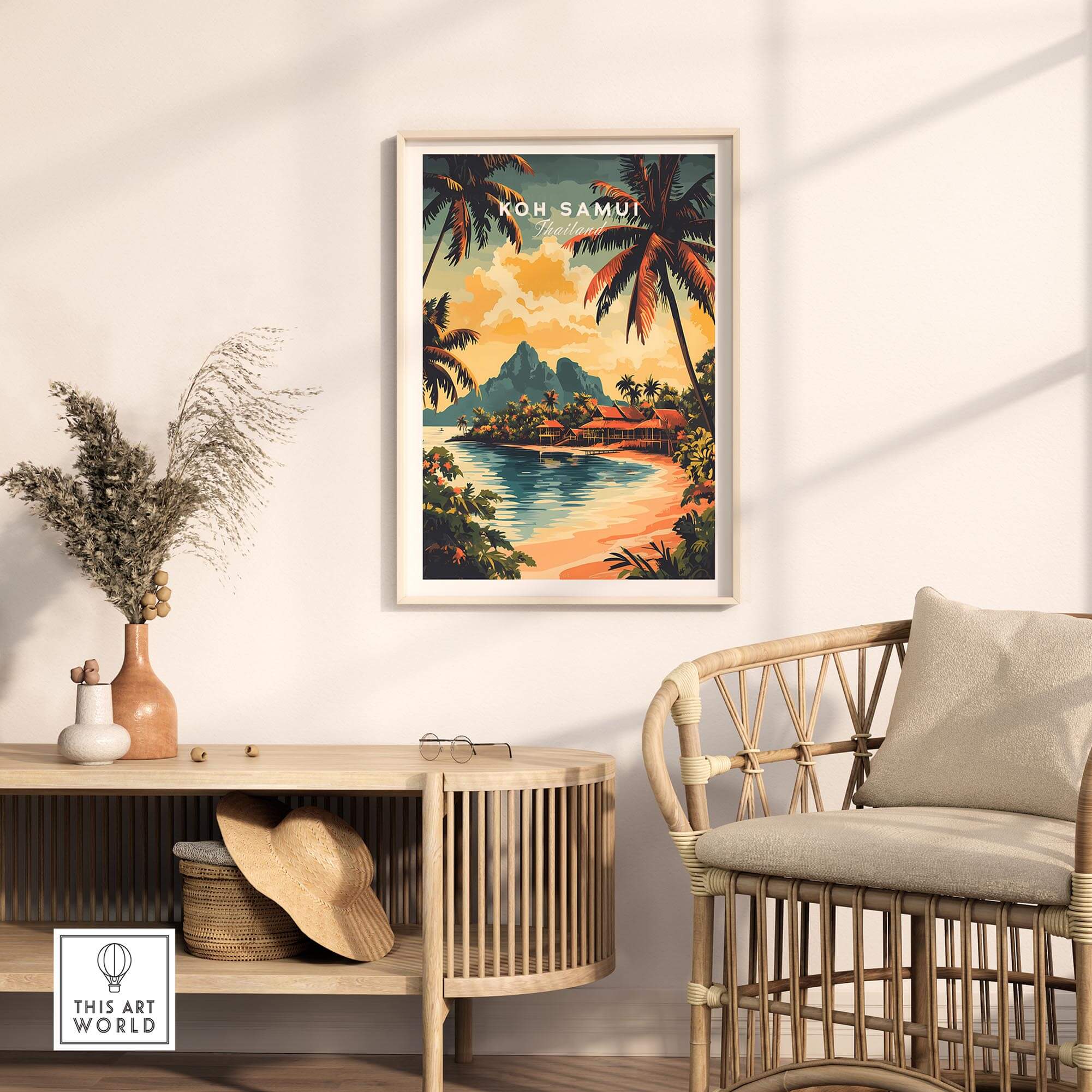 Koh Samui Travel Print featuring vibrant tropical scenery and palm trees in a cozy home decor setting.