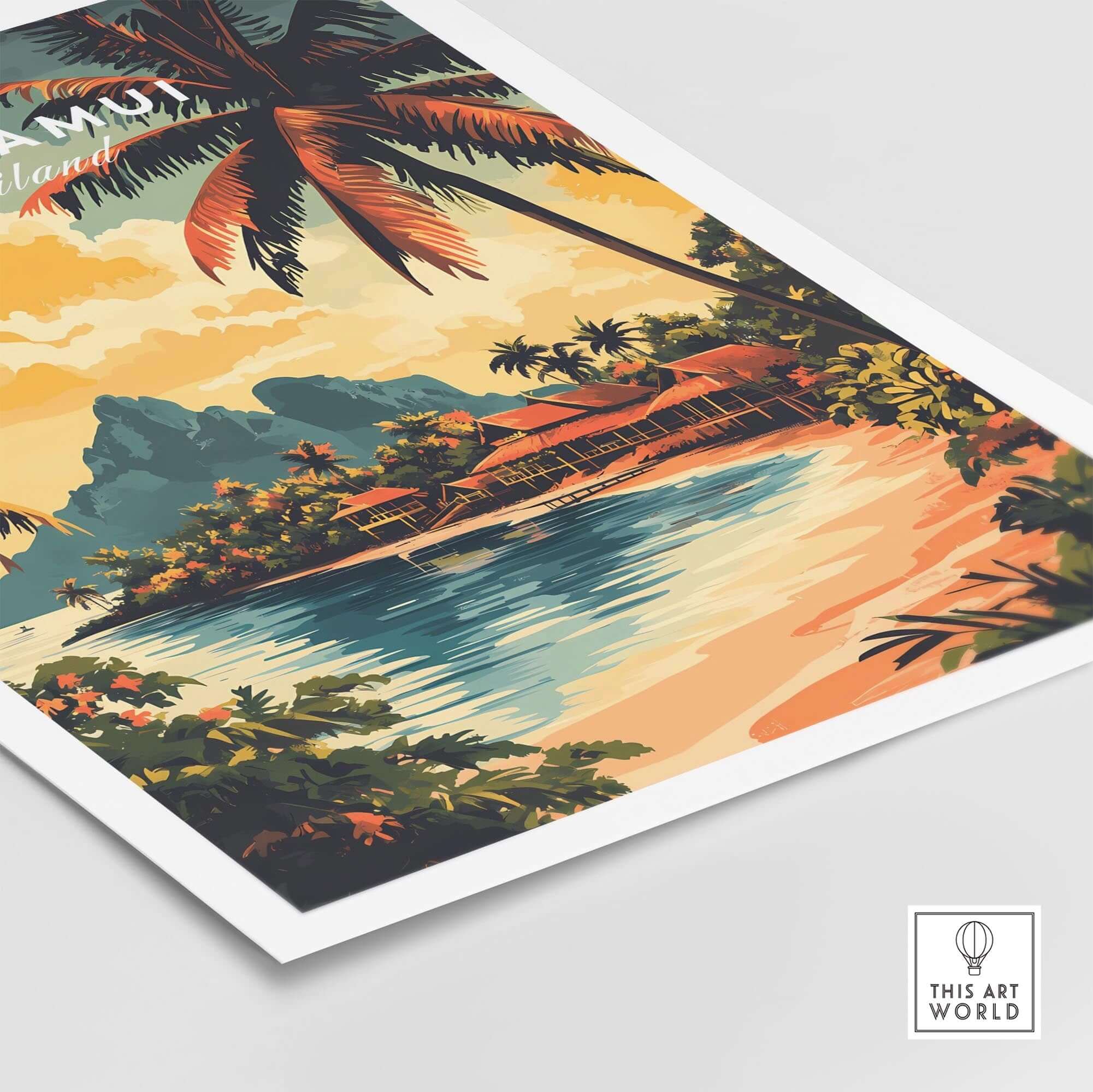 Koh Samui Travel Print showcasing vibrant tropical scenery with palm trees and serene beach view.