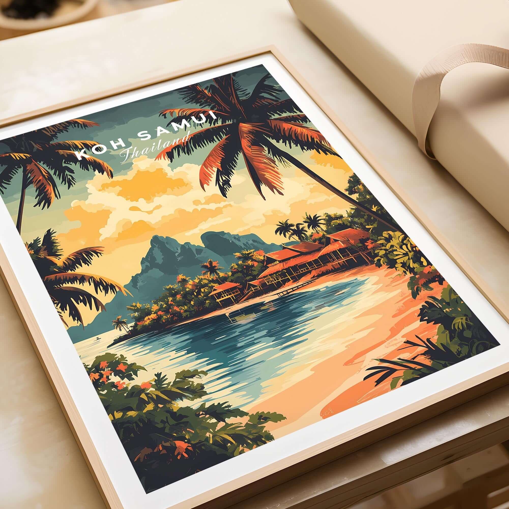 Koh Samui Travel Print showcasing vibrant colors and tropical scenery, perfect for travel lovers' home decor.