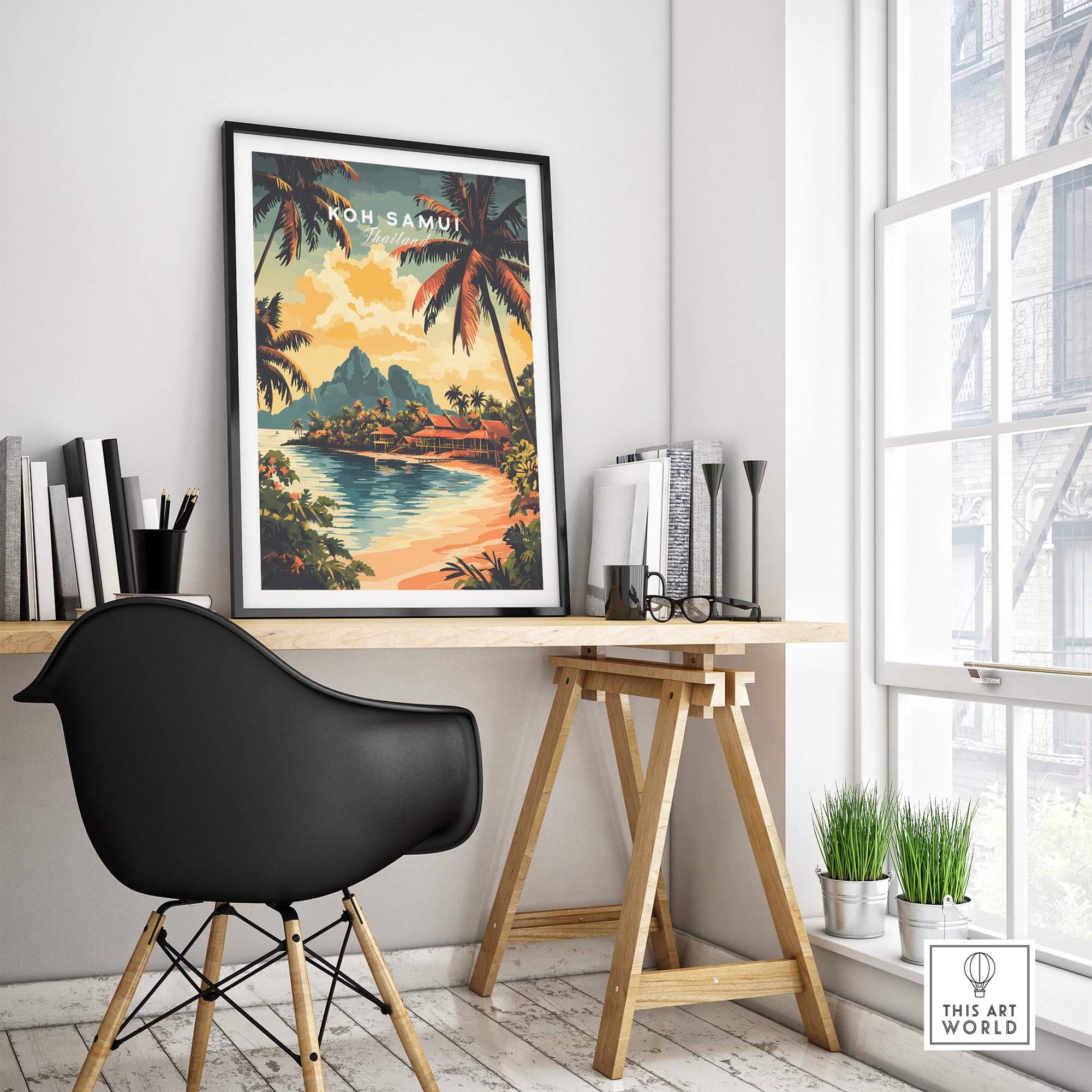 Koh Samui Travel Print displayed in a stylish room with a desk and chair, featuring vibrant tropical scenery.