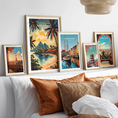 Koh Samui Travel Print displayed among other travel posters on a stylish home decor setup.