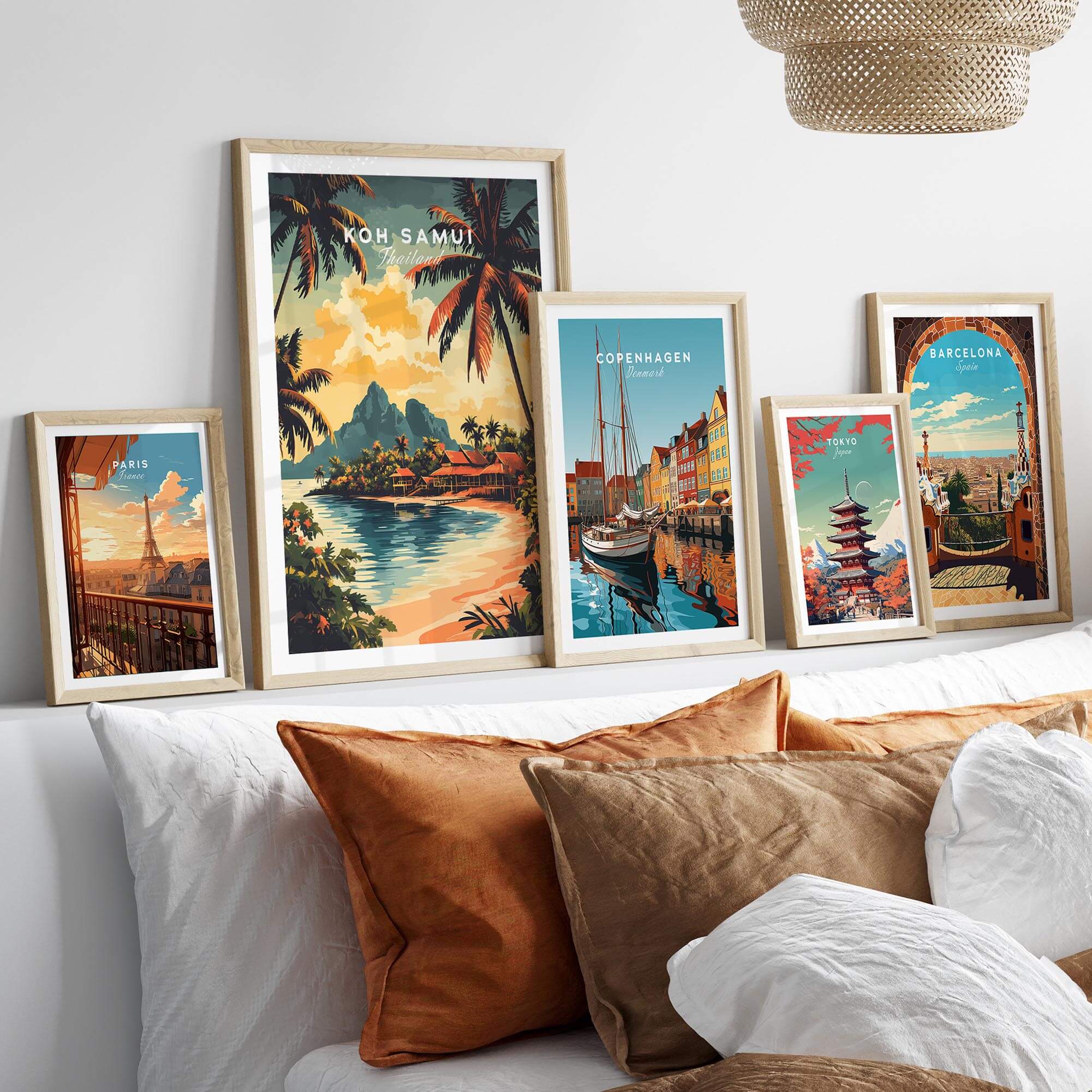 Koh Samui Travel Print displayed among other travel posters on a stylish home decor setup.