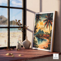 Koh Samui Travel Print displayed on a wooden table by the window, showcasing vibrant colors and tropical scenery.