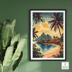 Koh Samui Travel Print showcased on a wall with tropical leaves, featuring vibrant colors and stunning details.