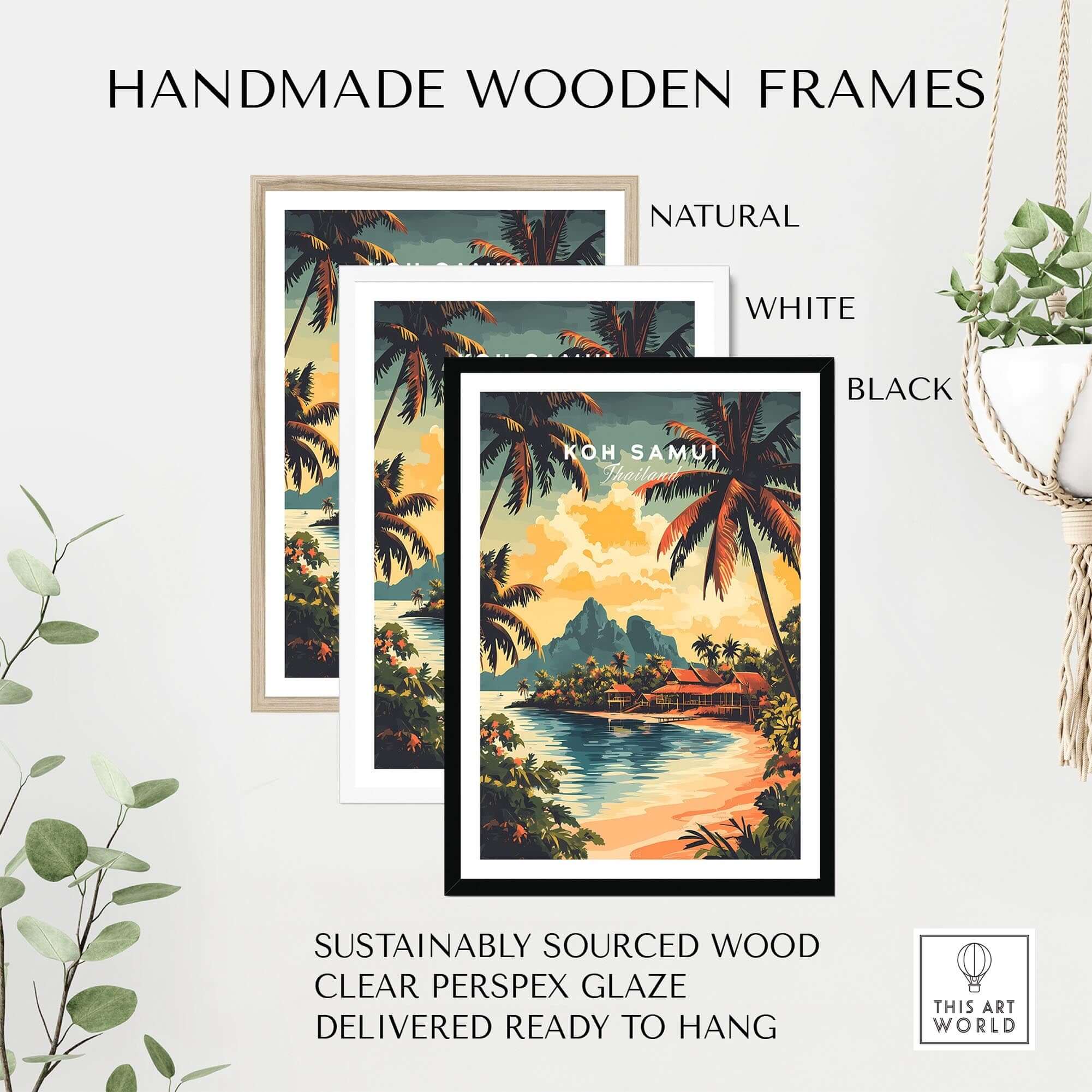 Koh Samui Travel Print in handmade wooden frames available in natural, white, and black options.
