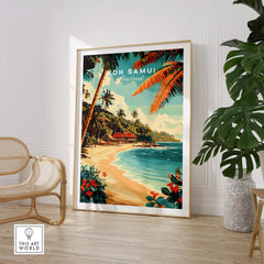 Koh Samui Wall Art featuring tropical landscape with palm trees and beach in a stylish interior setting.