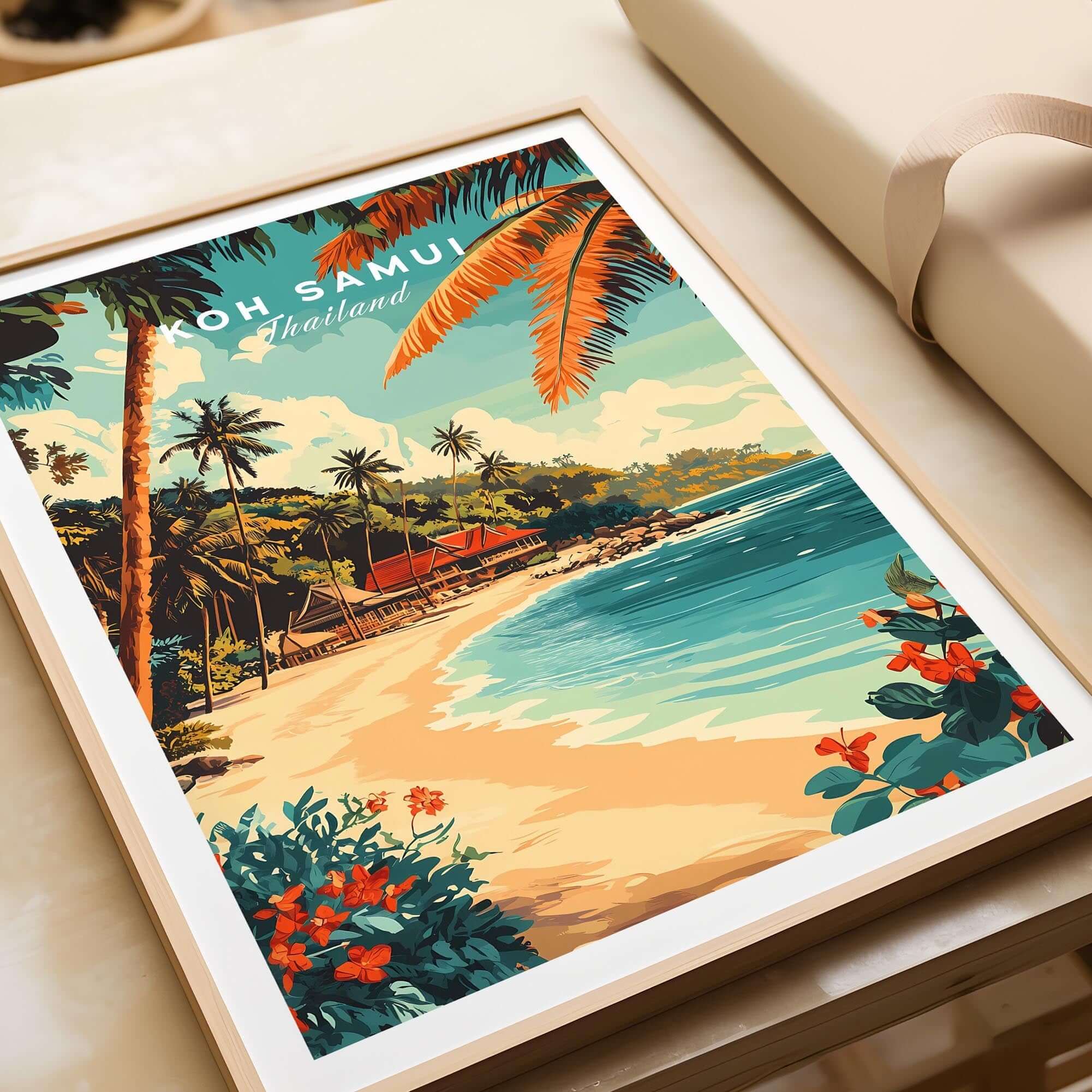 Koh Samui Wall Art showcasing a tropical beach scene with palm trees and flowers, bringing island beauty to your space.
