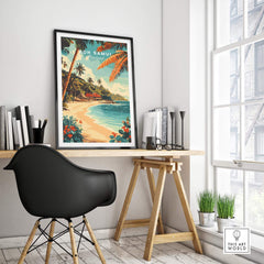 Koh Samui Wall Art showcasing tropical beach landscapes in a stylish modern workspace.