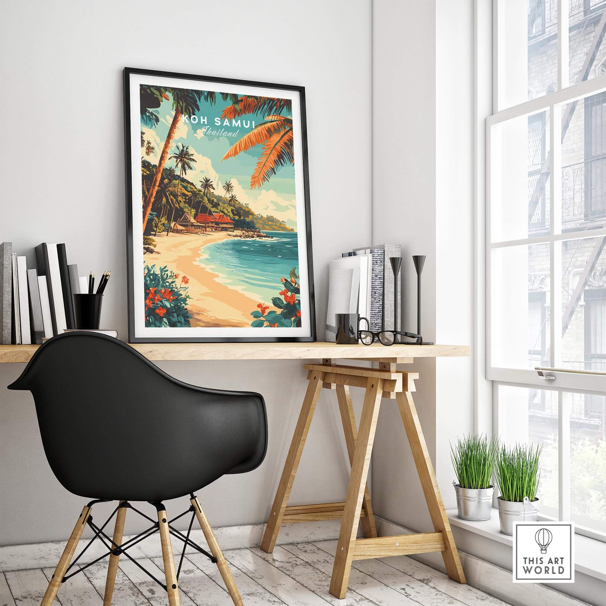 Koh Samui Wall Art showcasing tropical beach landscapes in a stylish modern workspace.