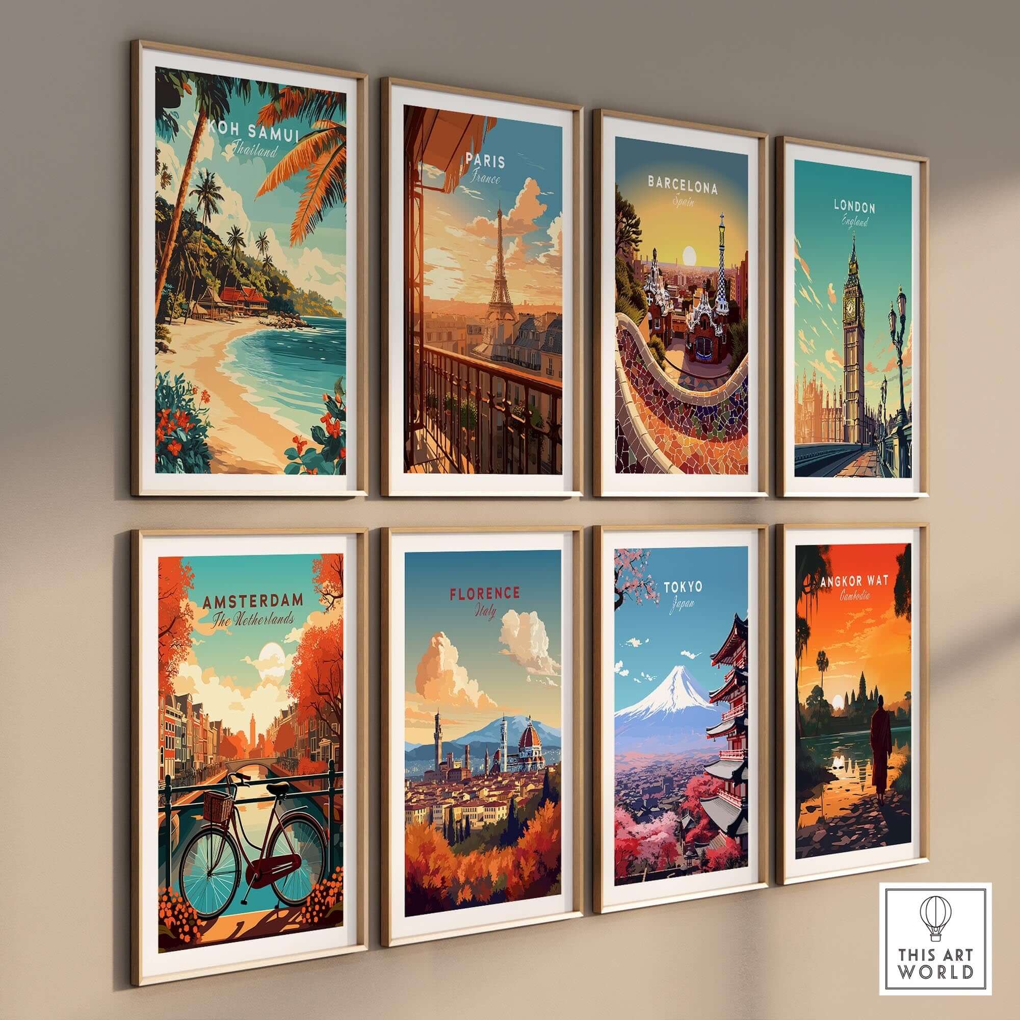 Koh Samui Wall Art featuring tropical landscapes alongside other city posters like Paris and Tokyo.