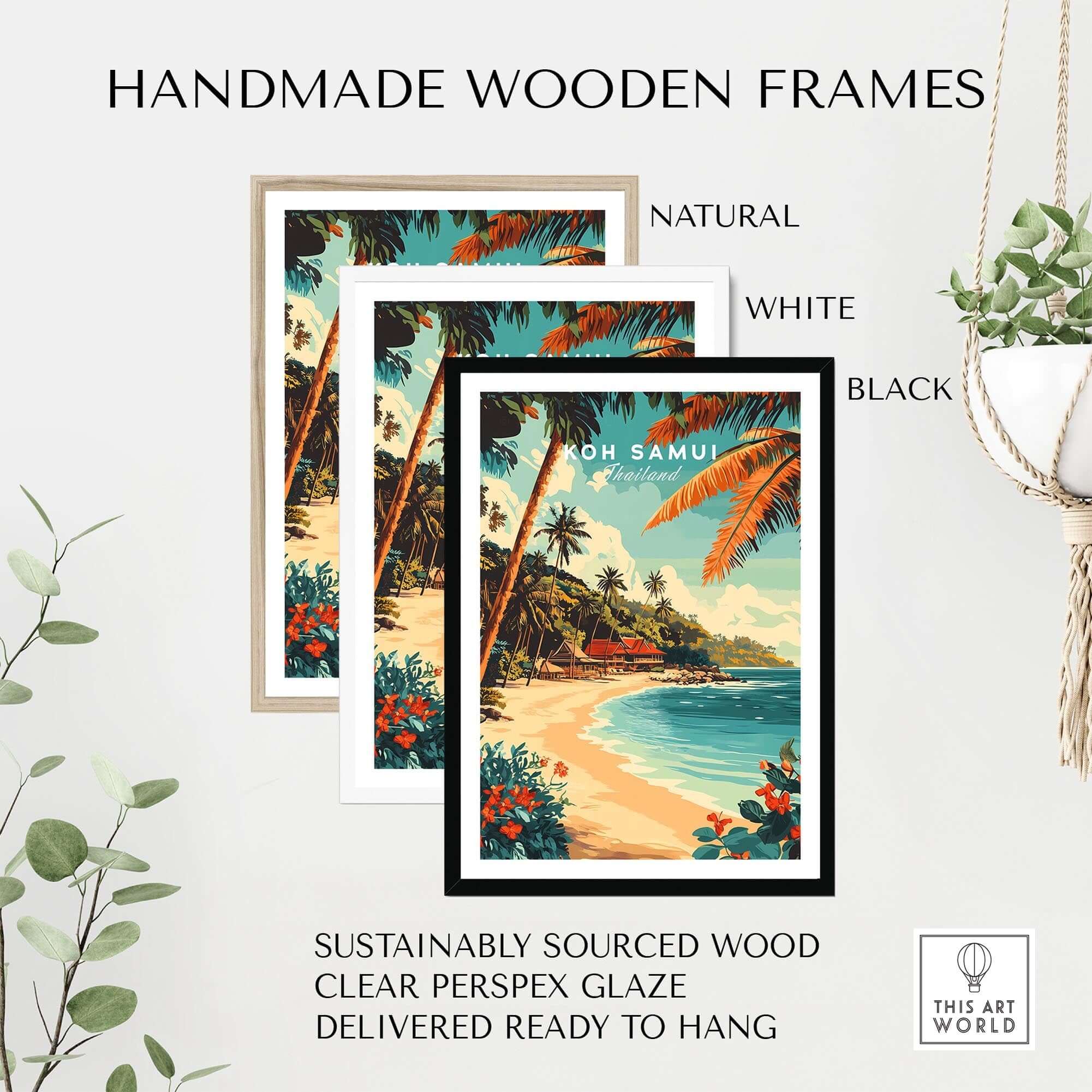 Koh Samui Wall Art displayed in handmade wooden frames, showcasing stunning tropical landscapes of Koh Samui, Thailand.