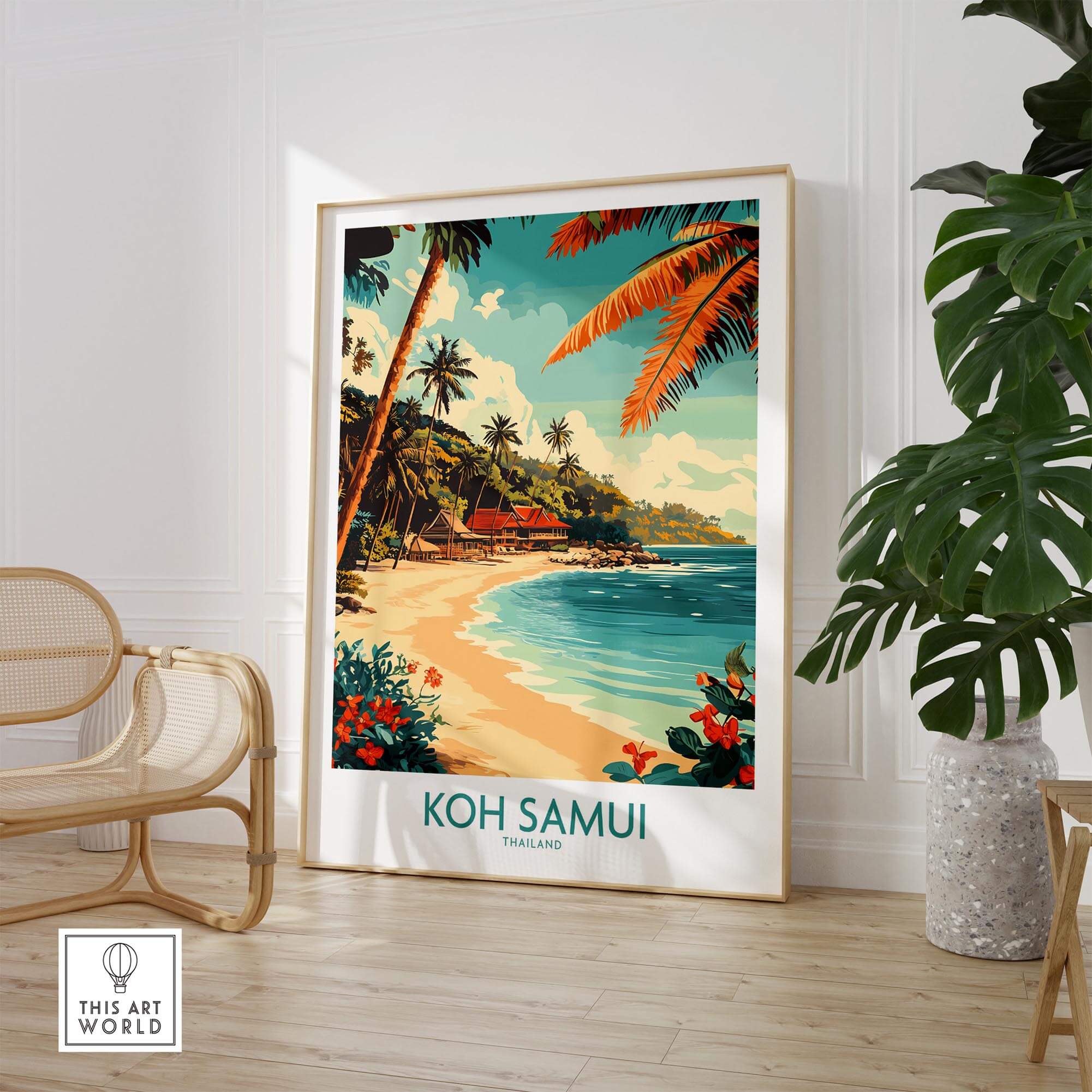Koh Samui Wall Art Print showcasing a tropical beach scene with palm trees and vibrant colors.