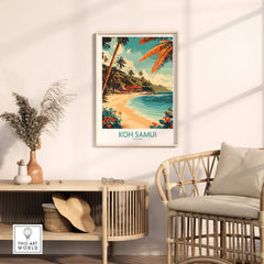 Koh Samui Wall Art Print featuring a tropical beach scene with palm trees and vibrant colors, ideal for home decor.