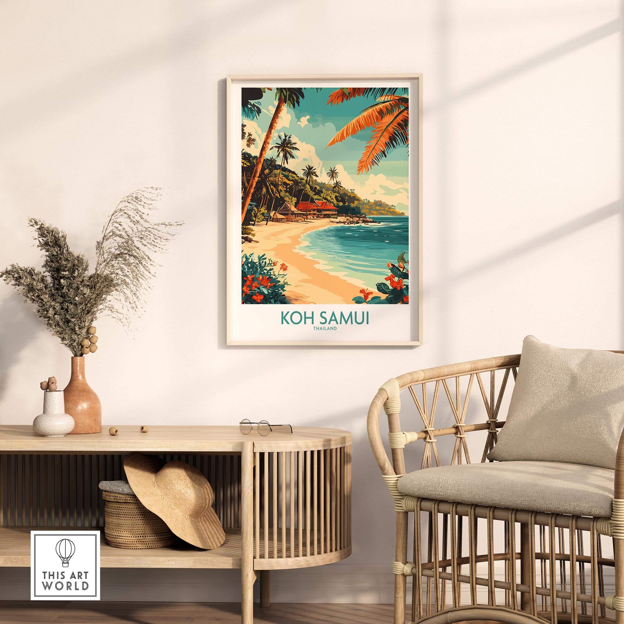 Koh Samui Wall Art Print featuring a tropical beach scene with palm trees and vibrant colors, ideal for home decor.