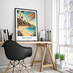 Koh Samui Wall Art Print displayed in a modern workspace, showcasing the tropical beauty of Koh Samui.