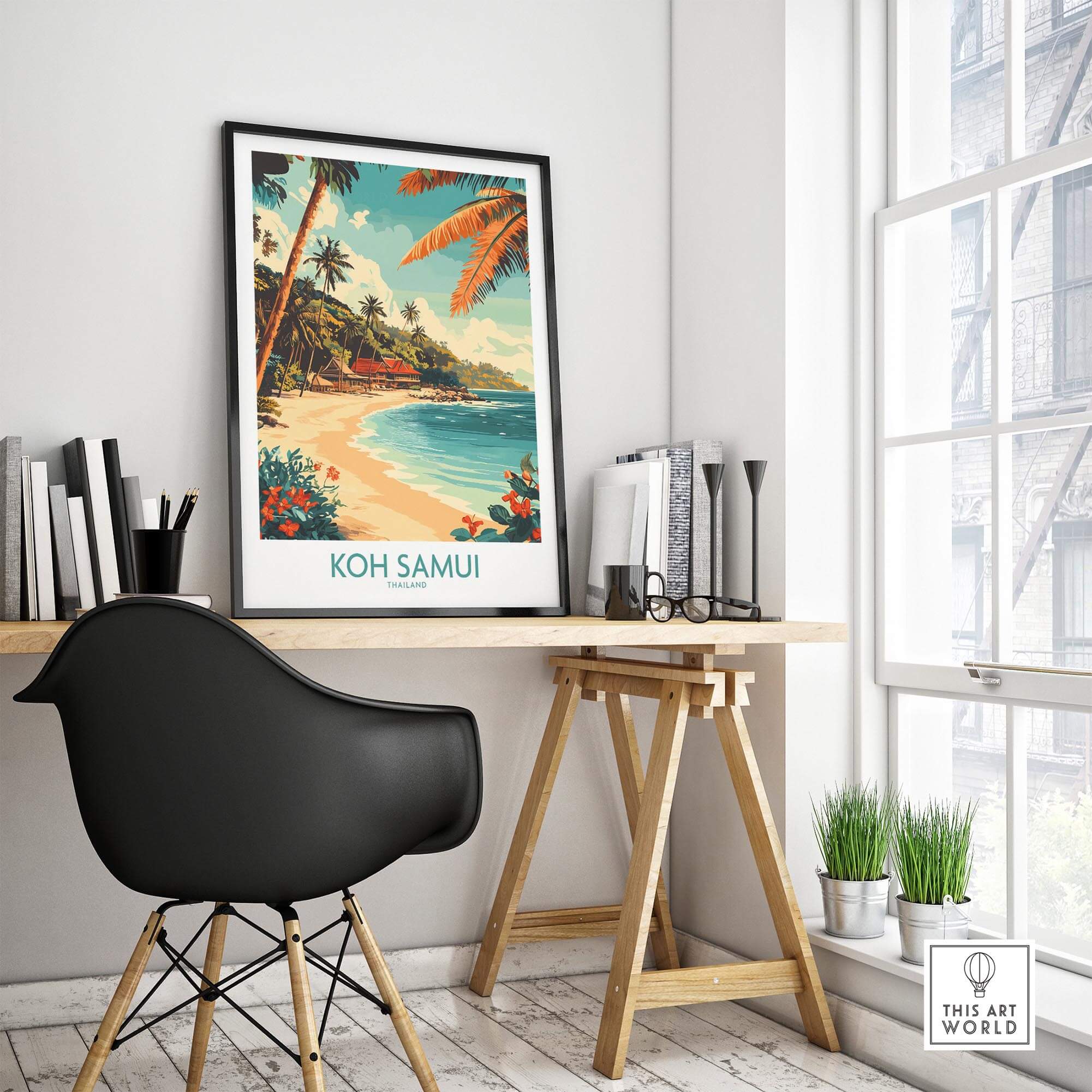 Koh Samui Wall Art Print displayed in a modern workspace, showcasing the tropical beauty of Koh Samui.
