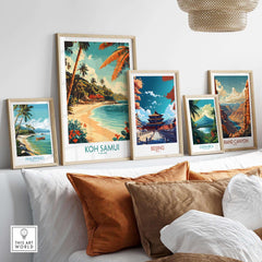 Koh Samui Wall Art Print displaying vibrant tropical scenery among travel posters on a stylish shelf.