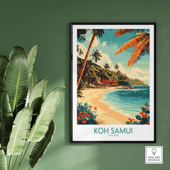 Koh Samui Wall Art Print featuring a vibrant beach scene with palm trees and a tropical atmosphere.