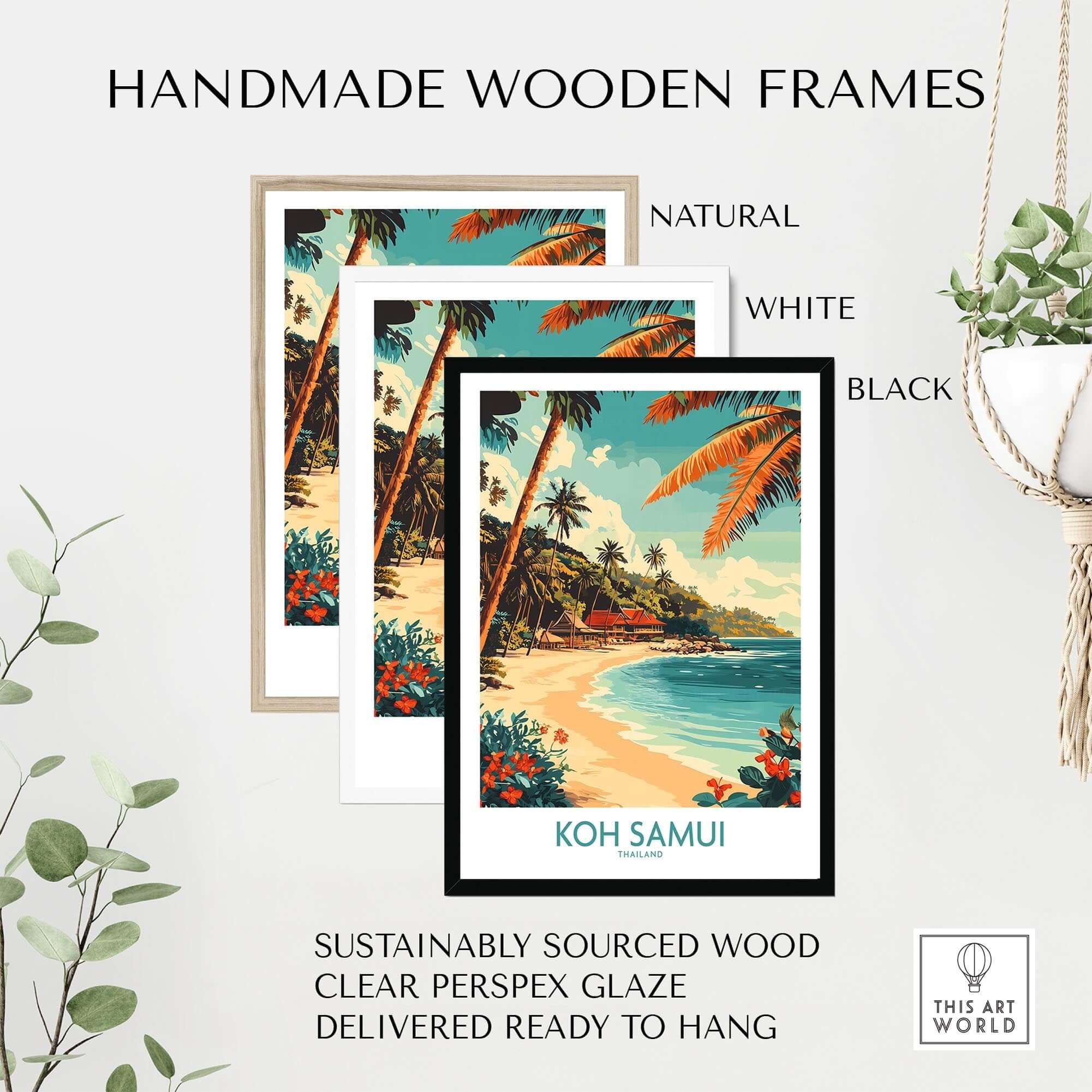Koh Samui Wall Art Print presented in natural, white, and black handmade wooden frames with sustainable wood.