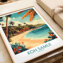 Koh Samui Wall Art Print featuring a tropical beach scene with palm trees and vibrant flowers.