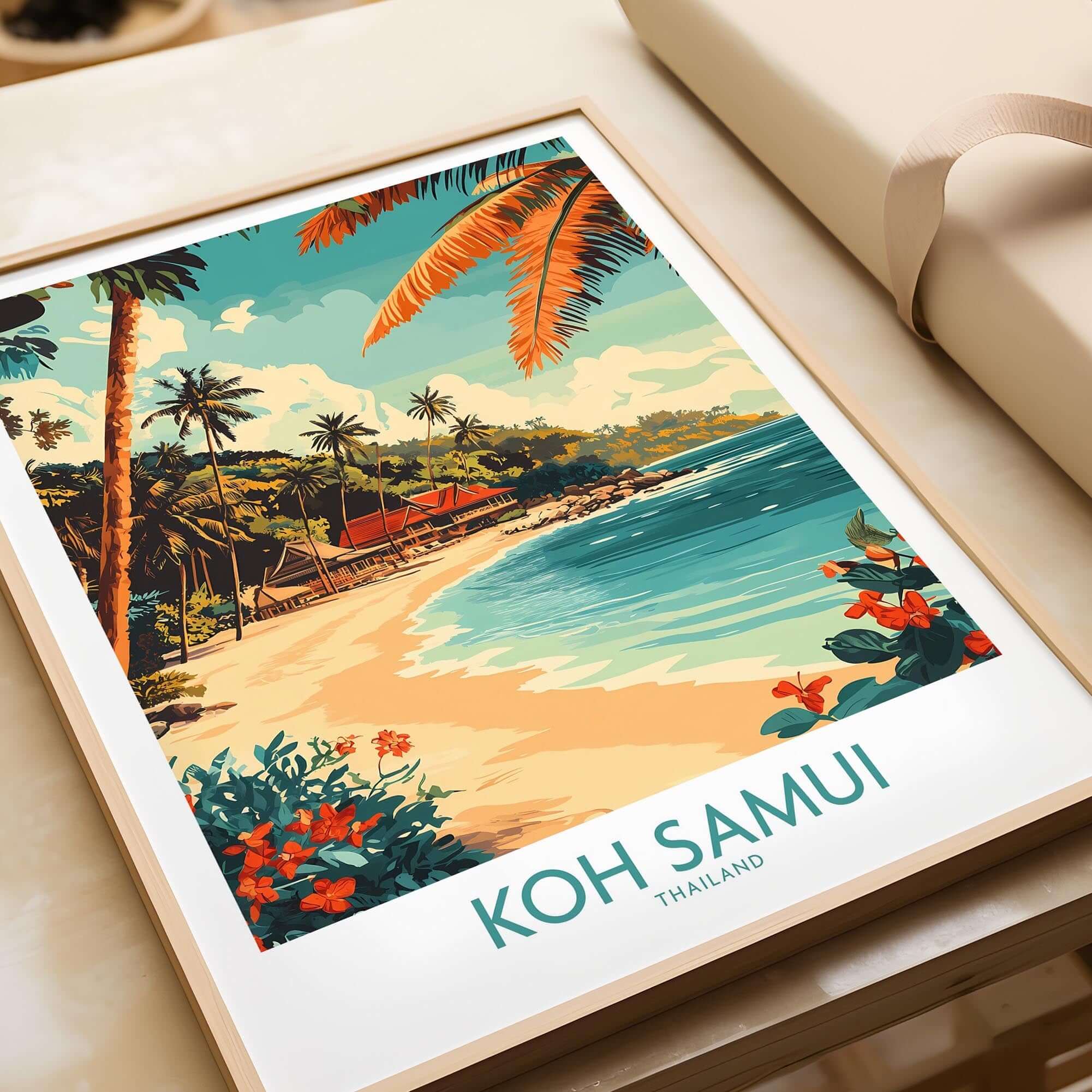 Koh Samui Wall Art Print featuring a tropical beach scene with palm trees and vibrant flowers.