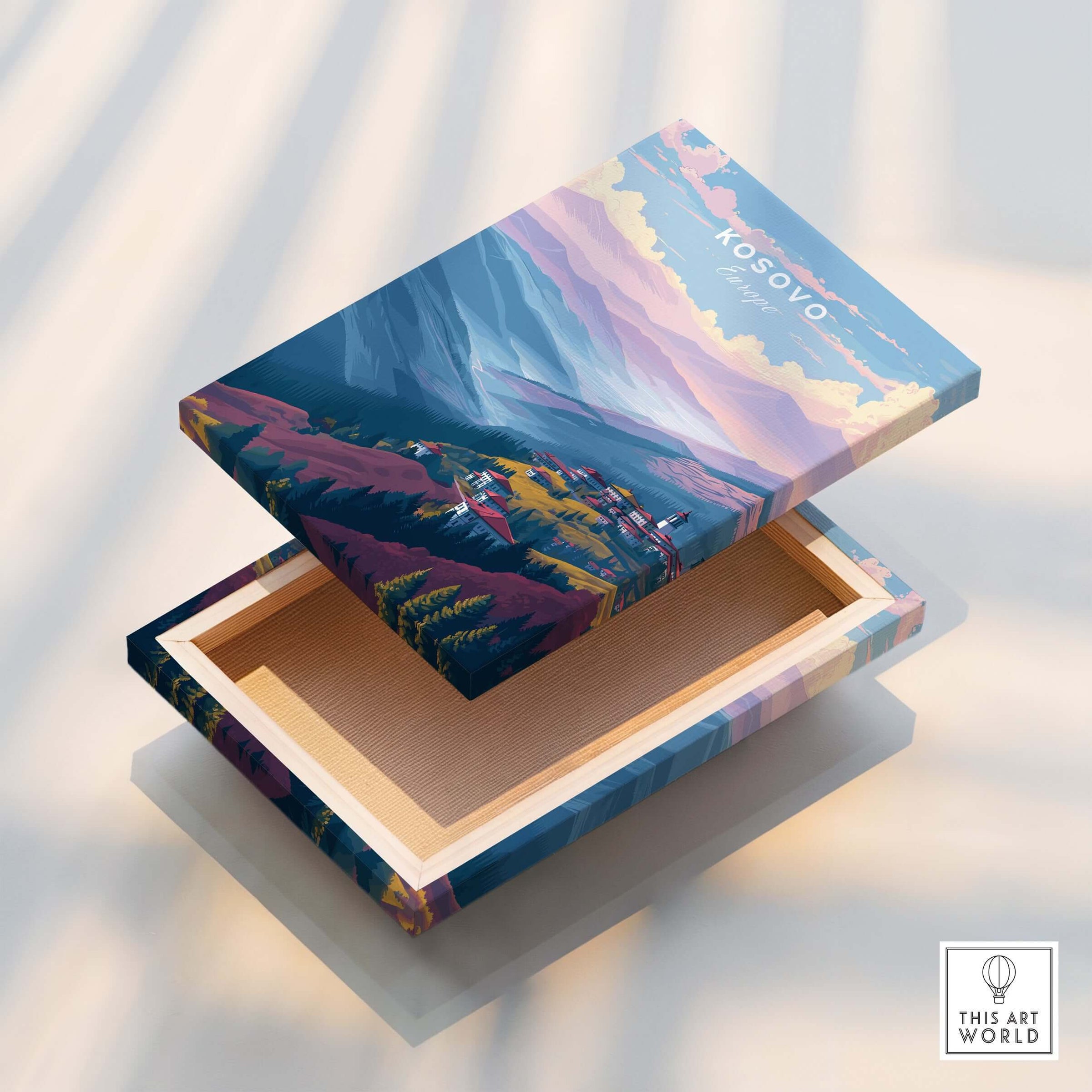 Kosovo Pristina Region Canvas Print | Balkan Home Decor showcasing vibrant landscapes in artistic wooden box.
