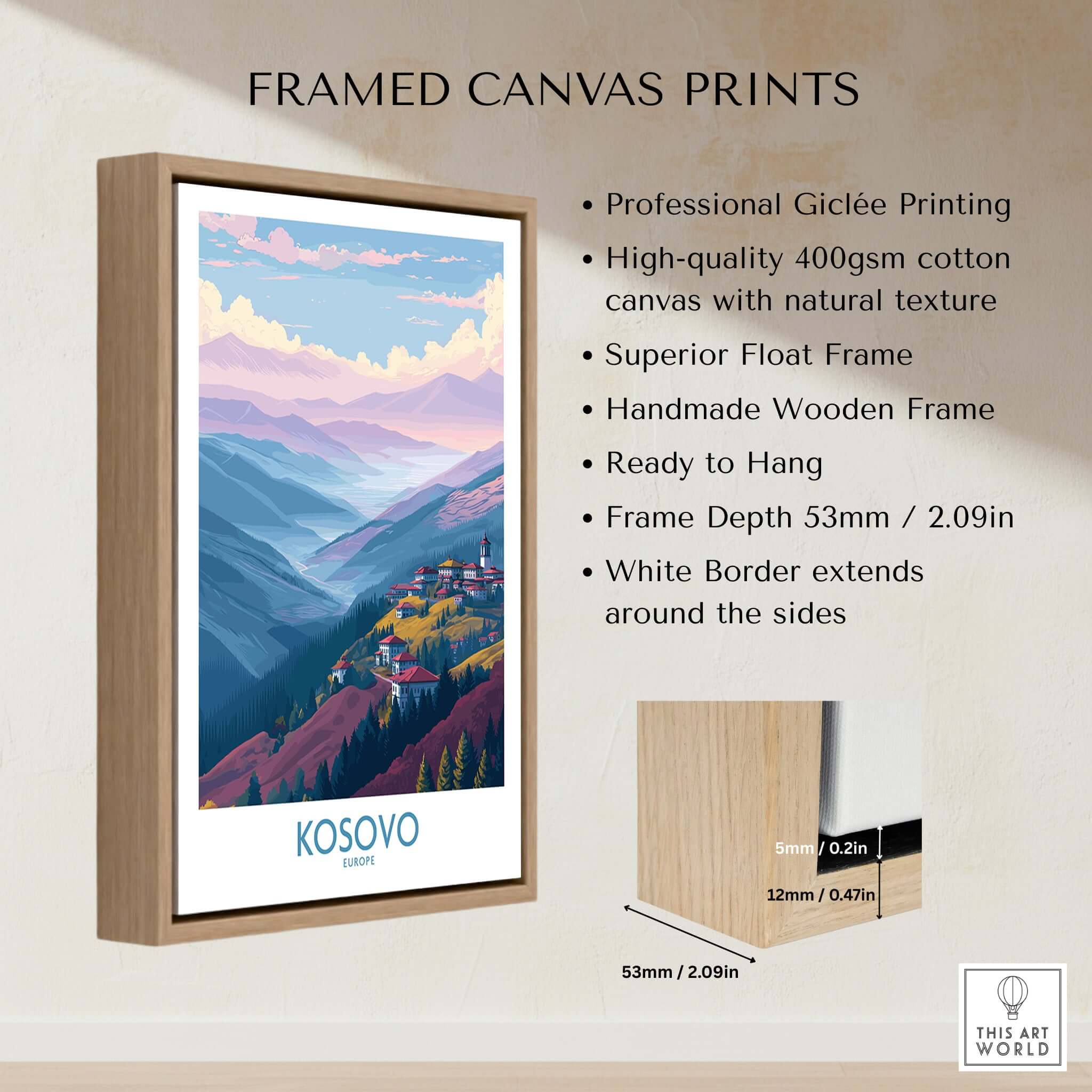 Kosovo Art Print | Pastel Landscape Poster framed canvas print showcasing beautiful mountains and valleys.