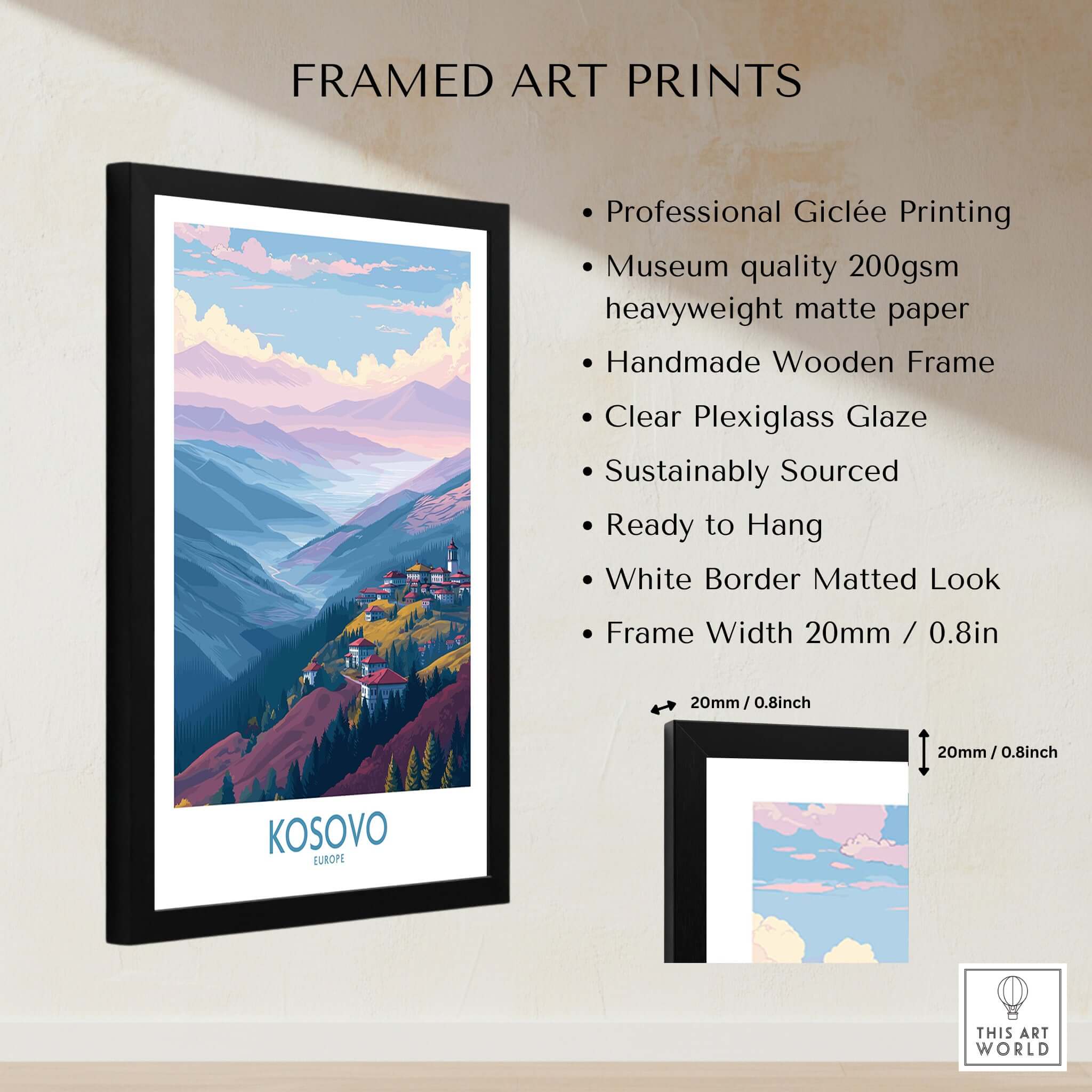Kosovo Art Print | Pastel Landscape Poster displayed in a framed design with professional quality features.