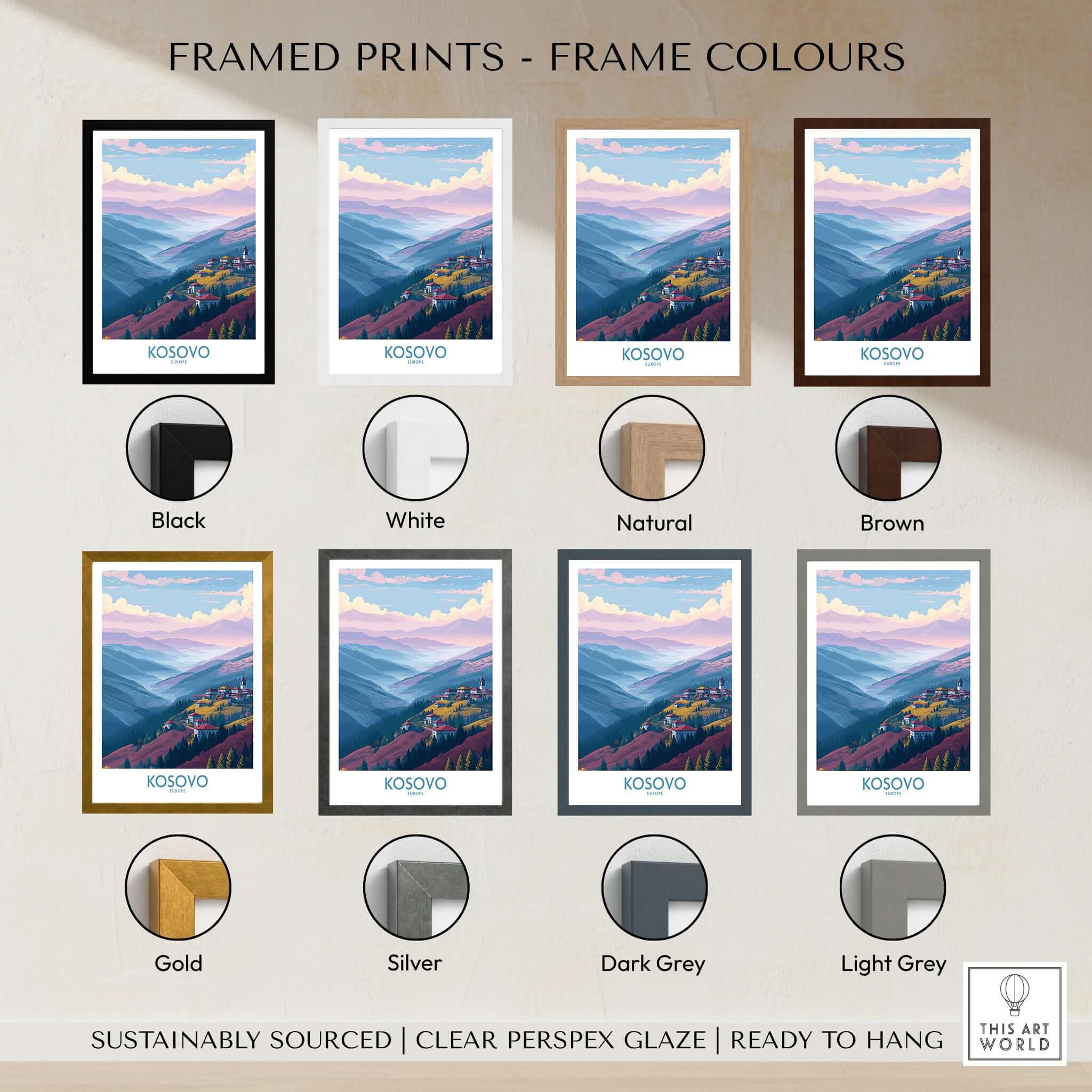 Kosovo Art Print | Pastel Landscape Poster framed in various colors including black, white, natural, brown, gold, and silver.