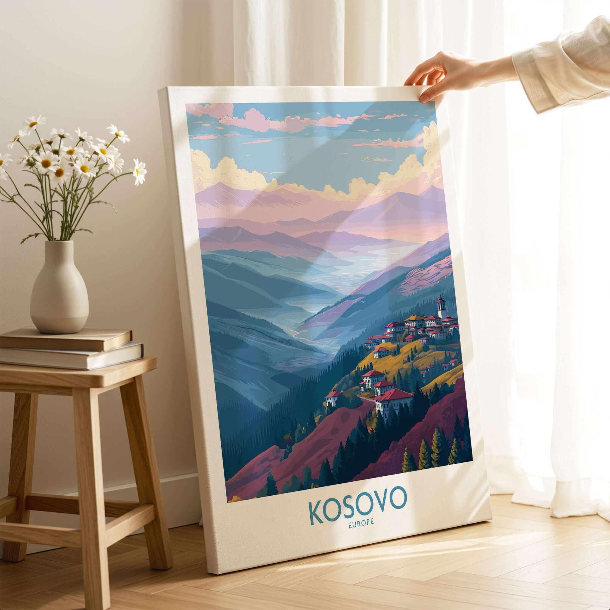 Kosovo Art Print | Pastel Landscape Poster featuring serene mountains and soft pastel colors, ideal for home decor.