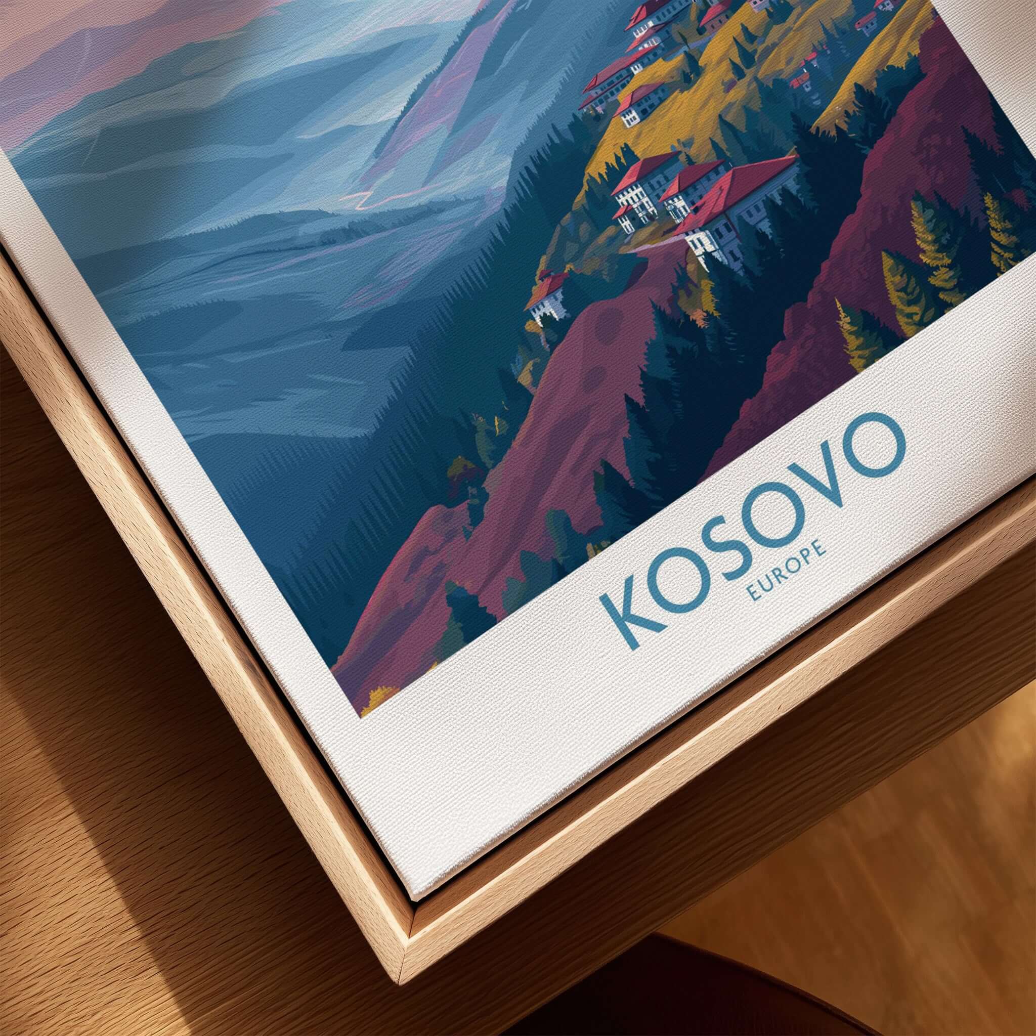 Kosovo Art Print | Pastel Landscape Poster featuring mountains and villages in soothing colors.