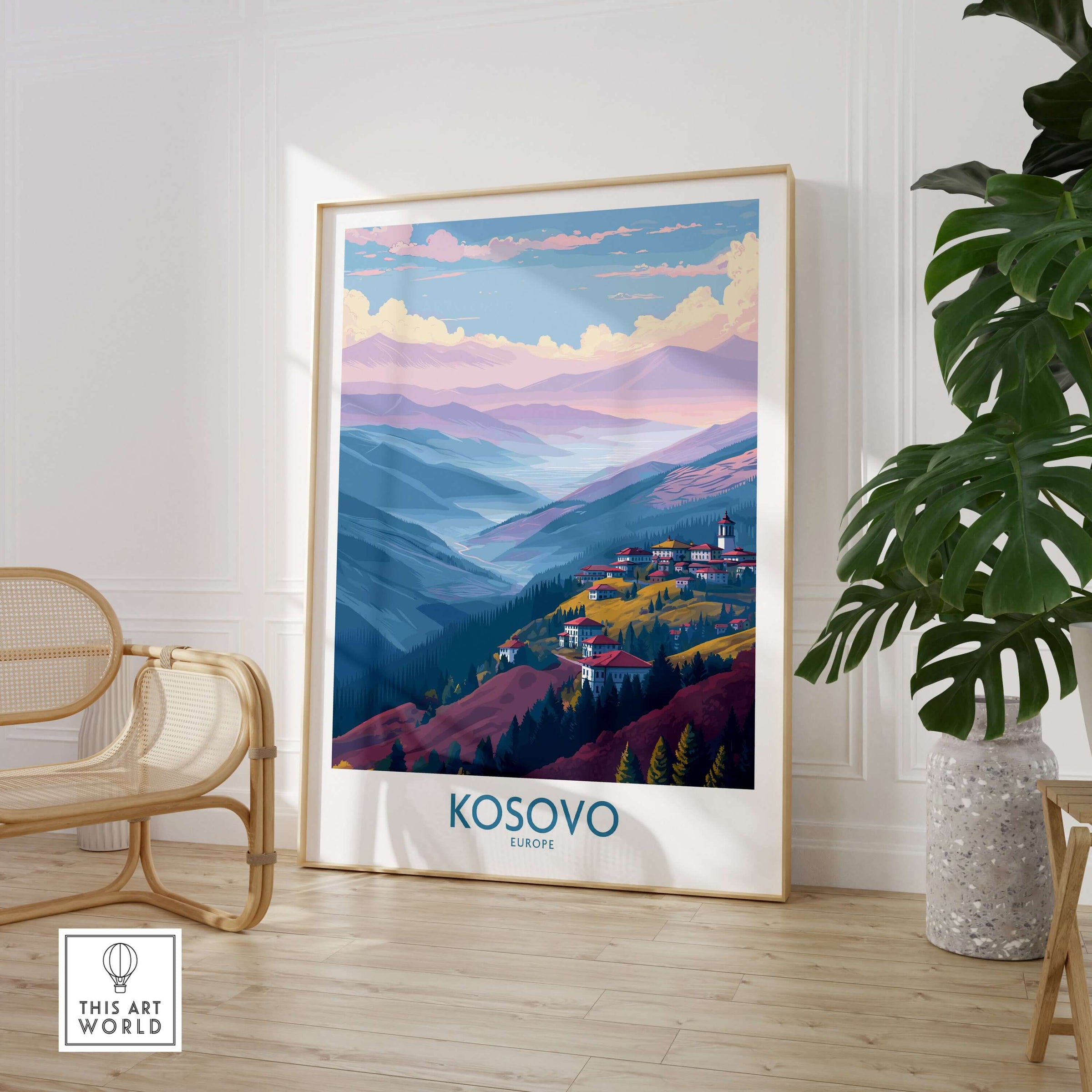 Kosovo Art Print | Pastel Landscape Poster featuring a vibrant serene depiction of Kosovo's mountains and villages.