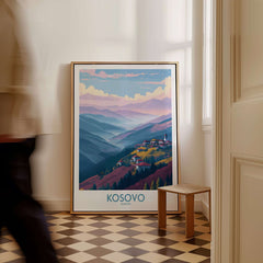 Kosovo Art Print | Pastel Landscape Poster showcasing a serene view of Kosovo's rolling hills and natural beauty.