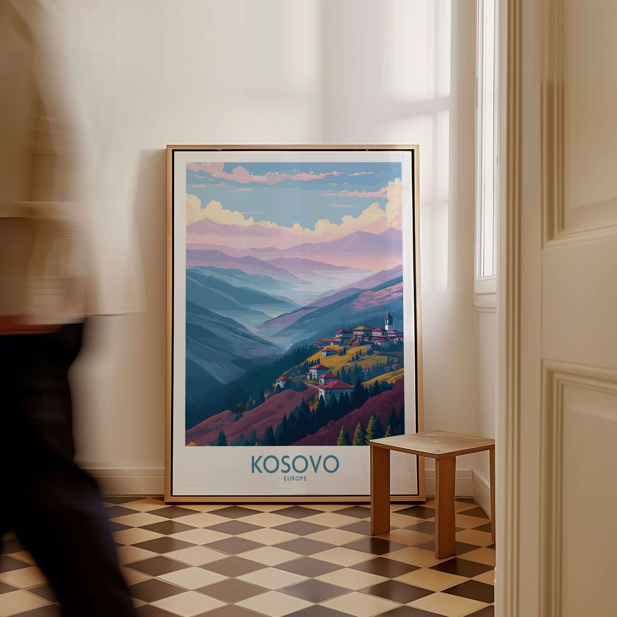 Kosovo Art Print | Pastel Landscape Poster showcasing a serene view of Kosovo's rolling hills and natural beauty.