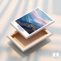 Kosovo Art Print | Pastel Landscape Poster displayed on a decorative box showcasing the serene landscape design.
