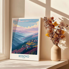 Kosovo Art Print | Pastel Landscape Poster showcasing a serene mountain view with soft colors in an elegant setting.