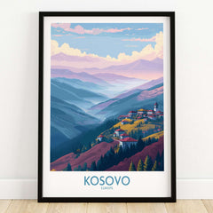 Kosovo Art Print | Pastel Landscape Poster showcasing an enchanting mountain view with soothing pastel colors.