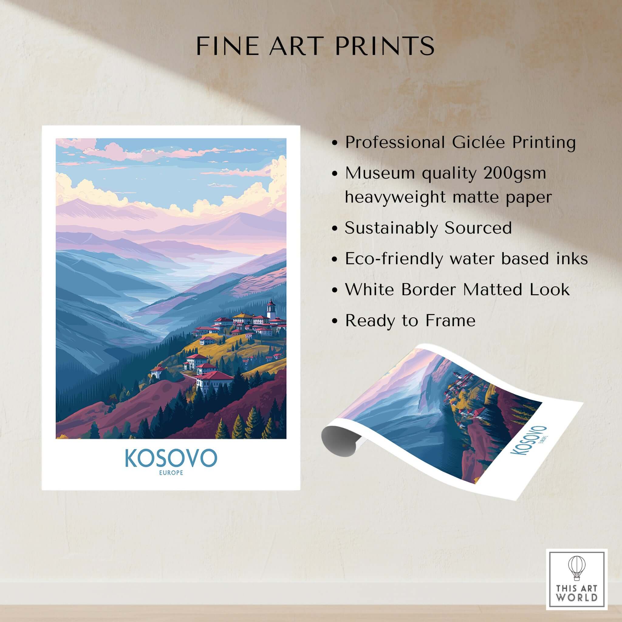 Kosovo Art Print | Pastel Landscape Poster featuring a vibrant Giclée print of Kosovo's rolling hills.