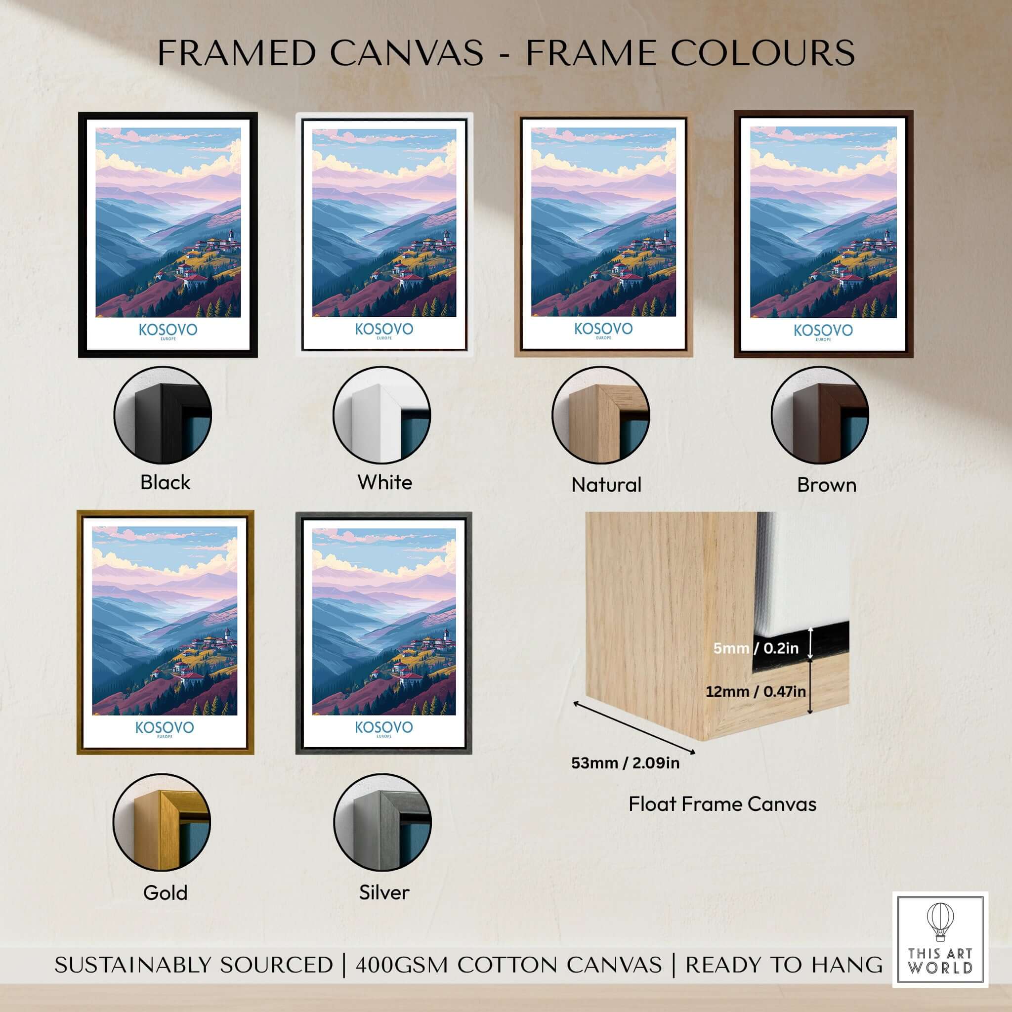 Kosovo Art Print | Pastel Landscape Poster displayed in various frame colors including black, white, natural, brown, gold, and silver.