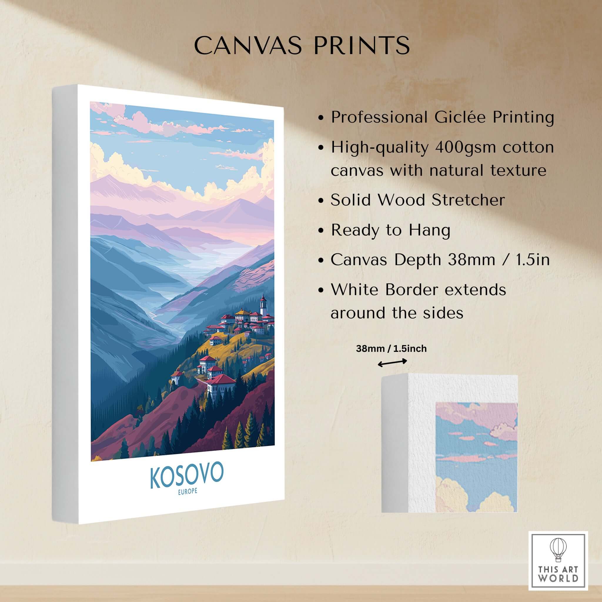 Kosovo Art Print | Pastel Landscape Poster showcasing professional Giclée printing and natural texture.