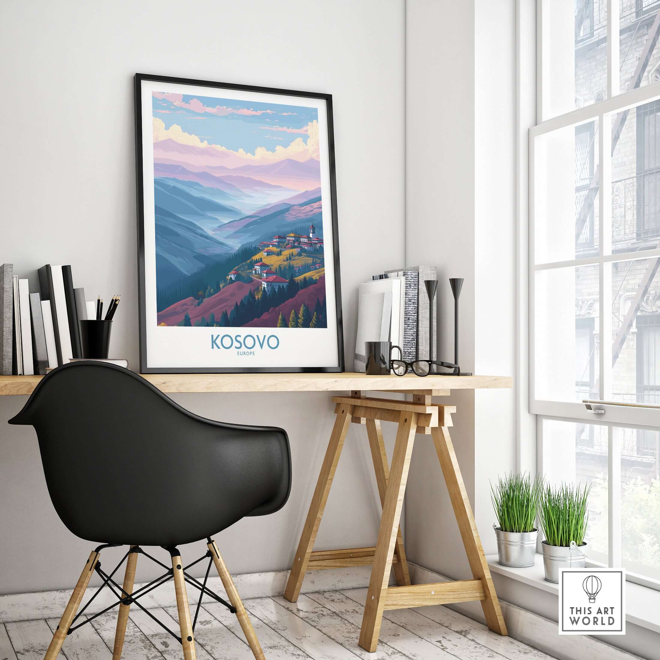 Kosovo Art Print | Pastel Landscape Poster displayed in a modern workspace, showcasing its gentle elegance and calming hues.